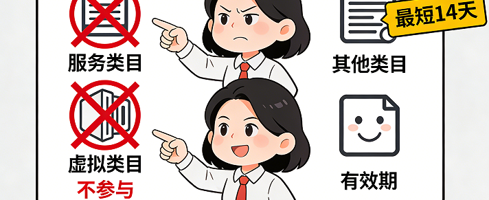 如果你的产品是特殊类目，（比如，服务类目，虚拟类目等等）就不会有参与新品标签计划