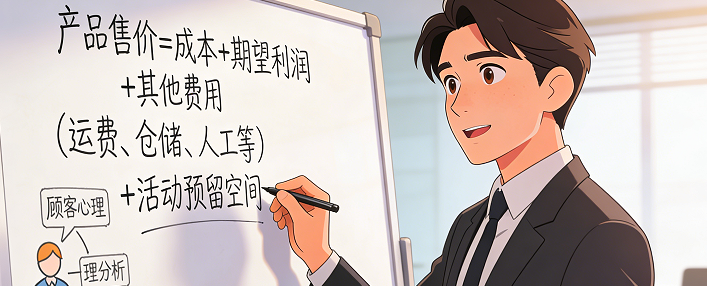 产品售价 = 成本 + 期望利润 + 其他费用(运费、仓储、人工等) + 活动预留空间 产品售价 = 成本 + 期望利润 + 其他费用(运费、仓储、人工等) + 活动预留空间