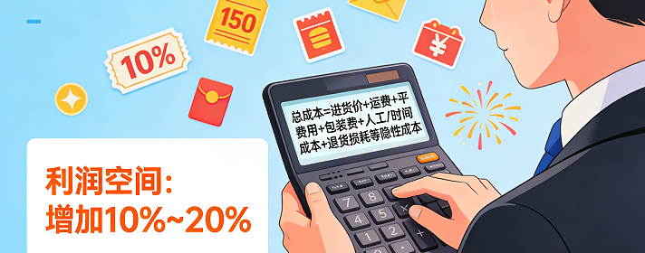 总成本 = 进货价 + 运费(含邮费补贴) + 平台费用(佣金/推广费) + 包装费 + 人工/时间成本 + 退货损耗等隐性成本 总成本 = 进货价 + 运费(含邮费补贴) + 平台费用(佣金/推广费) + 包装费 + 人工/时间成本 + 退货损耗等隐性成本