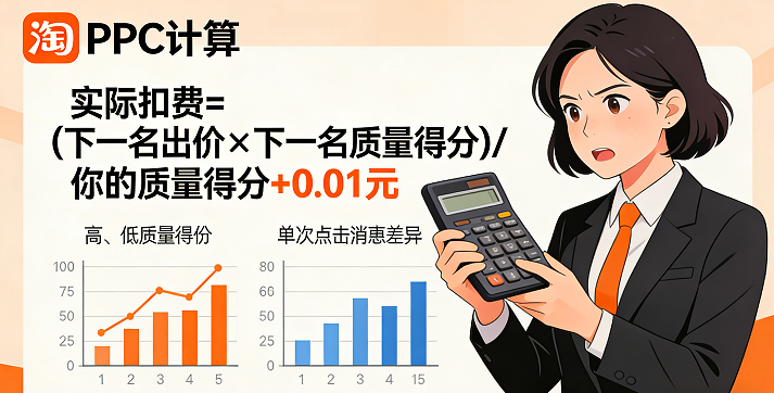 实际扣费=(下一名的出价 x下一名的质量得分)/你的质量得分+0.01元。