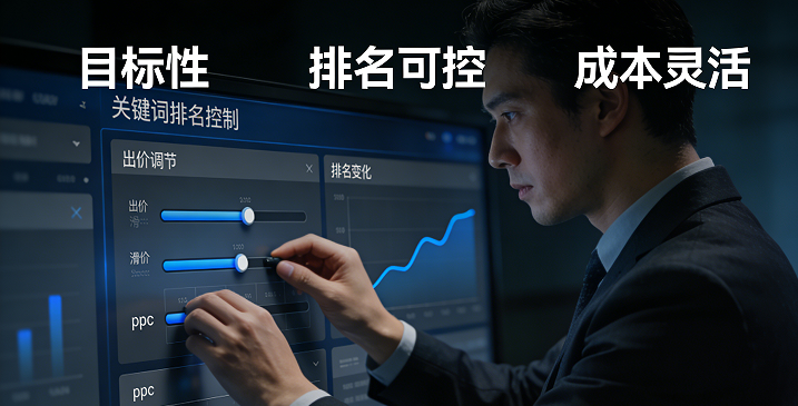 可以通过每次的点击出价，来控制自己在特定关键词搜索的排名