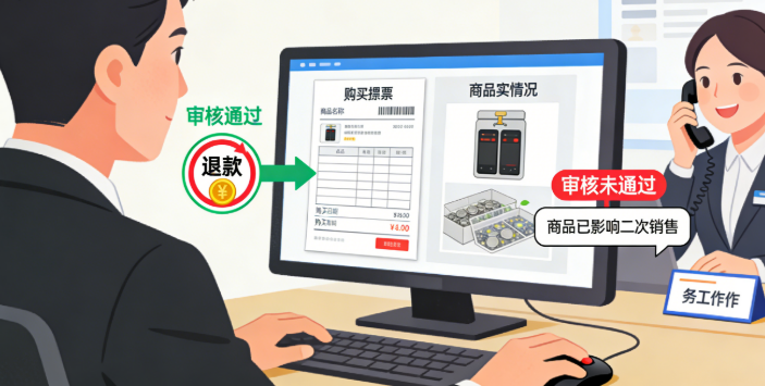 商家店铺会审核顾客的退货请求，仔细核对购买票据和商品的实际情况